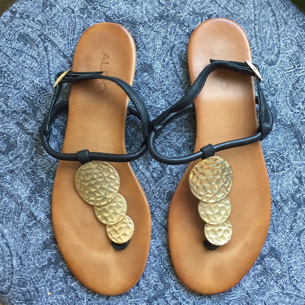 Aldo Black and Tan Leather Sandal with Gold Disc Accents